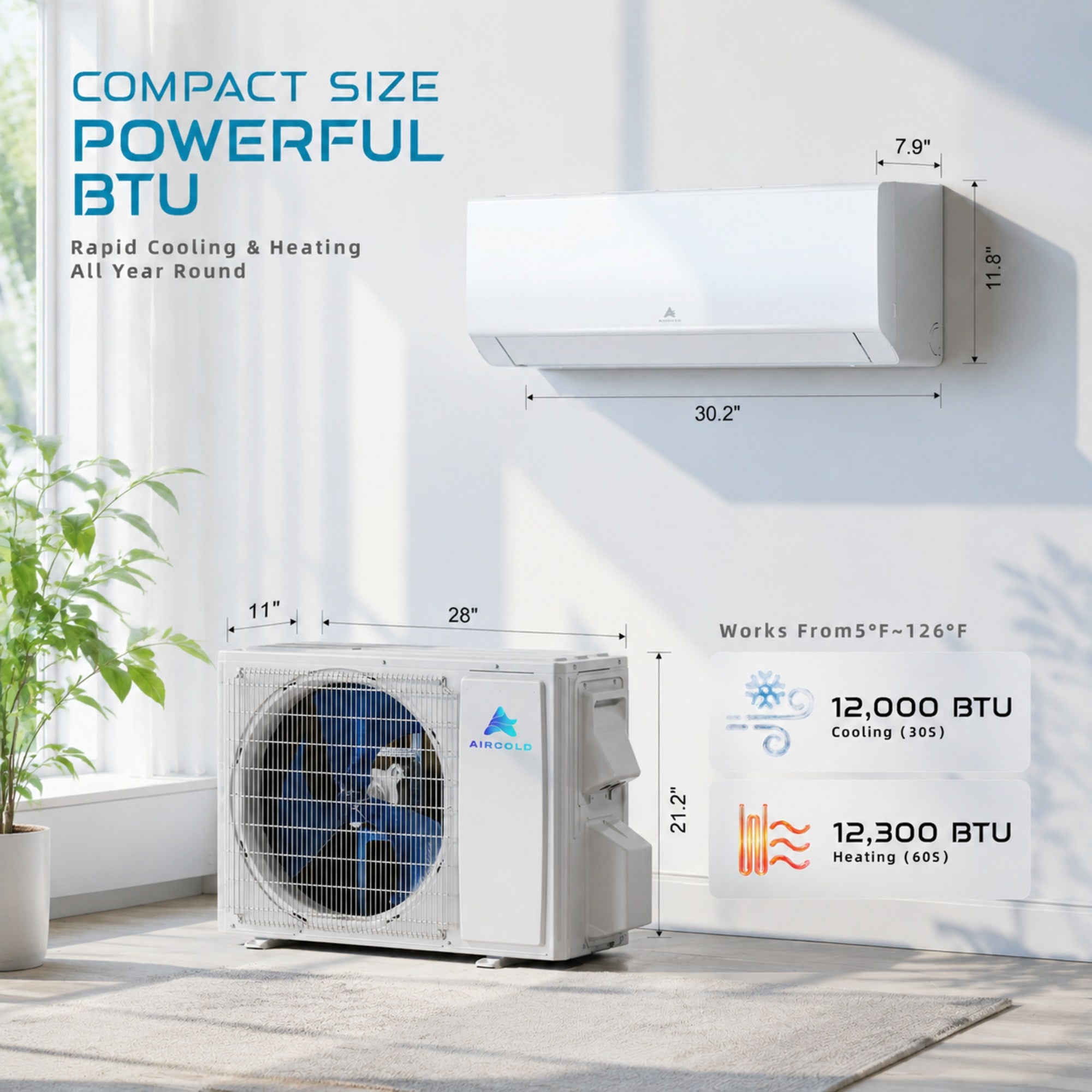 Aircold Mini Split AC & Heating System 22 SEER2 Ductless Air Conditioner with Heat Pump | 12000 BTU 230V Inverter Split Unit with WiFi App Control Compatible with Alexa & Google Covers up to 750 Sq.Ft