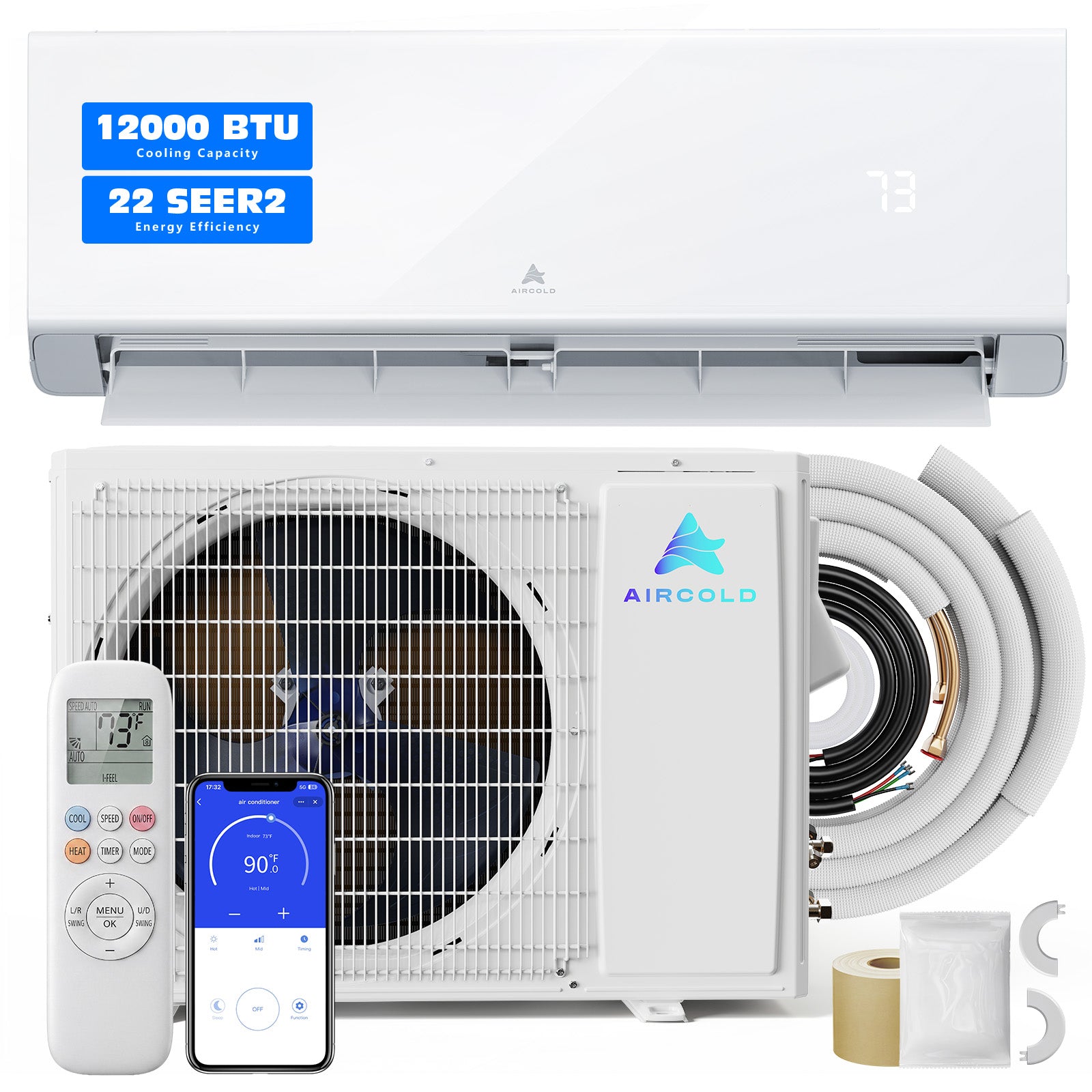 Aircold Mini Split AC & Heating System 22 SEER2 Ductless Air Conditioner with Heat Pump | 12000 BTU 115V Inverter Split Unit with WiFi App Control Compatible with Alexa & Google Covers up to 750 Sq.Ft